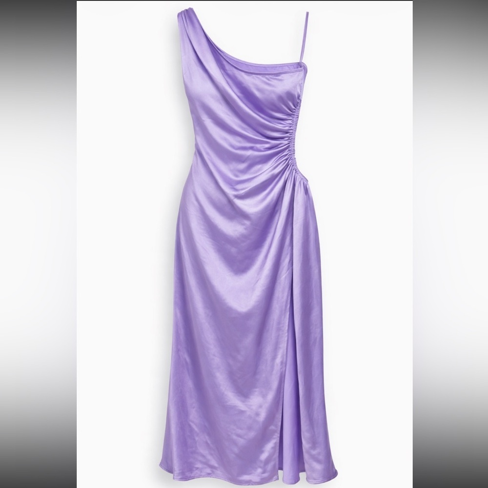RNWY runway Sydney lavender purple satin one shoulder ruched long maxi dress 4